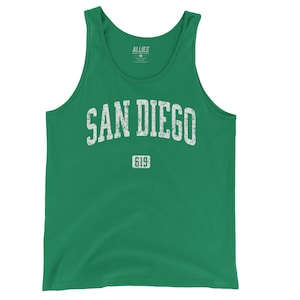 May include: A green tank top with a white distressed graphic that says "SAN DIEGO" and "619" in a smaller font.