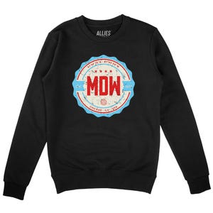 May include: Black sweatshirt with a blue and white distressed circular graphic featuring the text "MDW" in red, "Chicago, Ill, USA" and coordinates. The text "ALLIES" is printed on the neck.