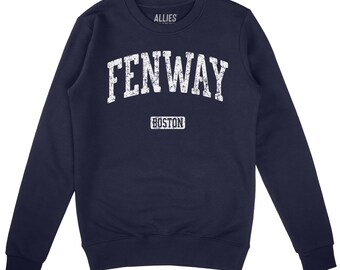 May include: Navy blue sweatshirt with the word "FENWAY" in distressed white lettering across the chest, above the word "BOSTON" in a white rectangle. The brand name "ALLIES" is printed above the word "FENWAY".