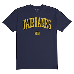 May include: Navy blue t-shirt with a yellow distressed graphic that says "FAIRBANKS" in an arched font with "907" underneath.