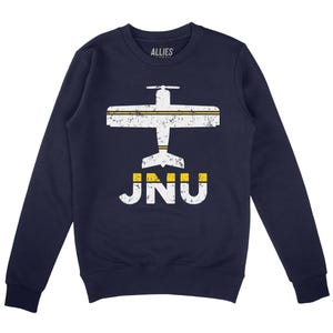 May include: Navy blue sweatshirt featuring a white airplane graphic and the text "JNU" in white with yellow accents. The sweatshirt has a crew neck and long sleeves.