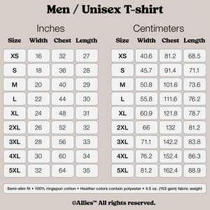 Puede incluir: Tabla de tallas para una camiseta unisex, que muestra las medidas en pulgadas y cent&iacute;metros para las tallas XS a 5XL. La tabla incluye las medidas de ancho, pecho y largo.