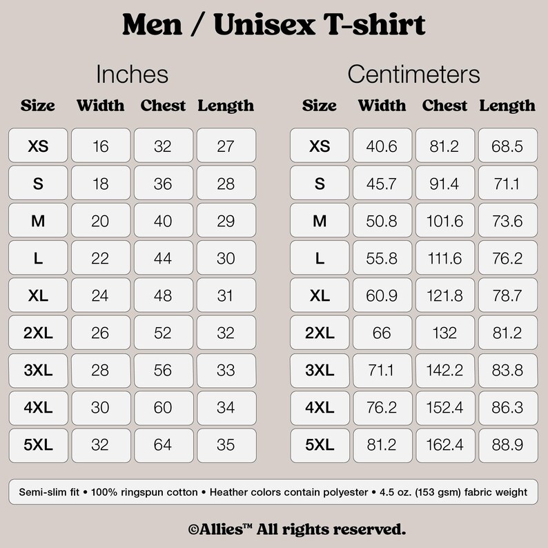 Puede incluir: Tabla de tallas para una camiseta unisex, que muestra las medidas en pulgadas y cent&iacute;metros para las tallas XS a 5XL. La tabla incluye las medidas de ancho, pecho y largo.