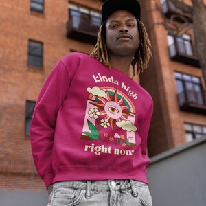 Puede incluir: Una sudadera rosa con un dise&ntilde;o gr&aacute;fico retro que presenta un sol con un ojo, un arco&iacute;ris y el texto "kinda high right now".