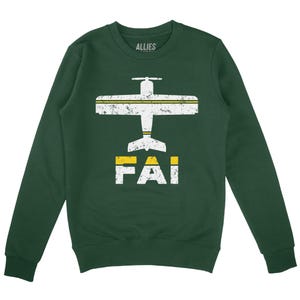 May include: Green sweatshirt featuring a white airplane graphic and the word "FAI" in yellow and white lettering.