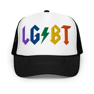 LGBT Rocks Vintage Foam Trucker Hat | Rock &#39;n Roll Style Pride Cap | Retro Mesh Hat | Adjustable Snapback | LGBTQ+ Gift | Bold Pride Hat