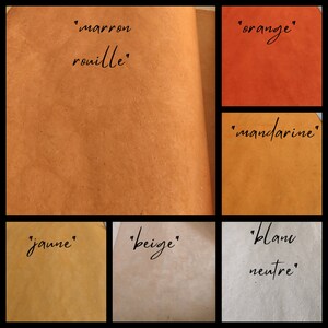 May include: A collection of six leather swatches in various colors, each labeled with text. The colors include rust brown labeled marron rouille, orange, mandarin, yellow labeled jaune, beige, and neutral white labeled blanc neutre.