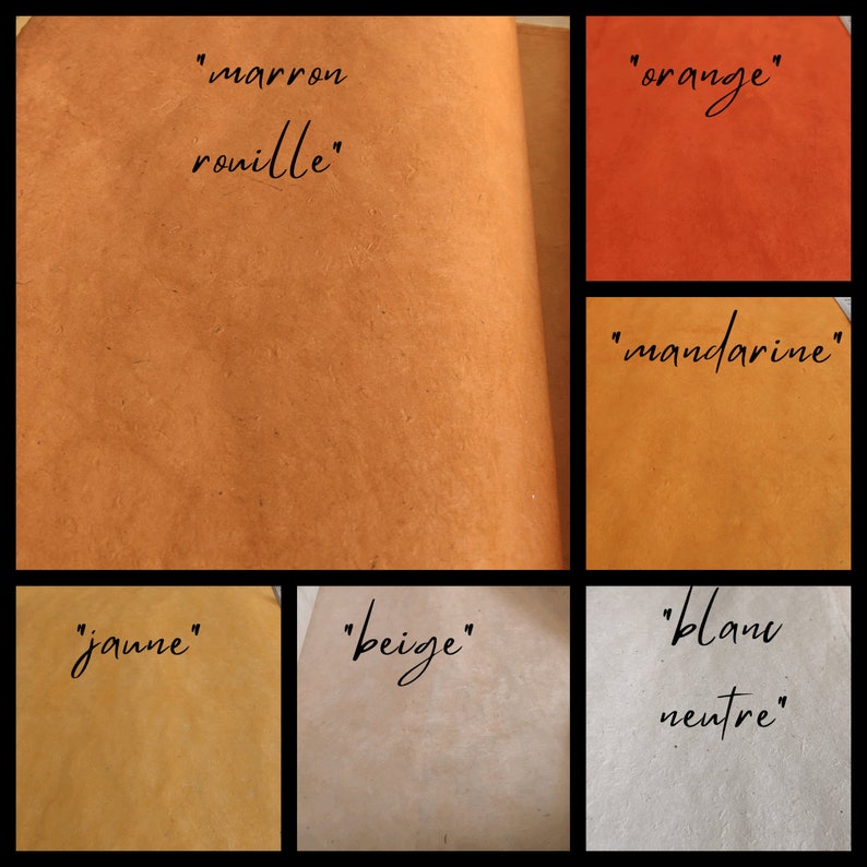May include: A collection of six leather swatches in various colors, each labeled with text. The colors include rust brown labeled marron rouille, orange, mandarin, yellow labeled jaune, beige, and neutral white labeled blanc neutre.