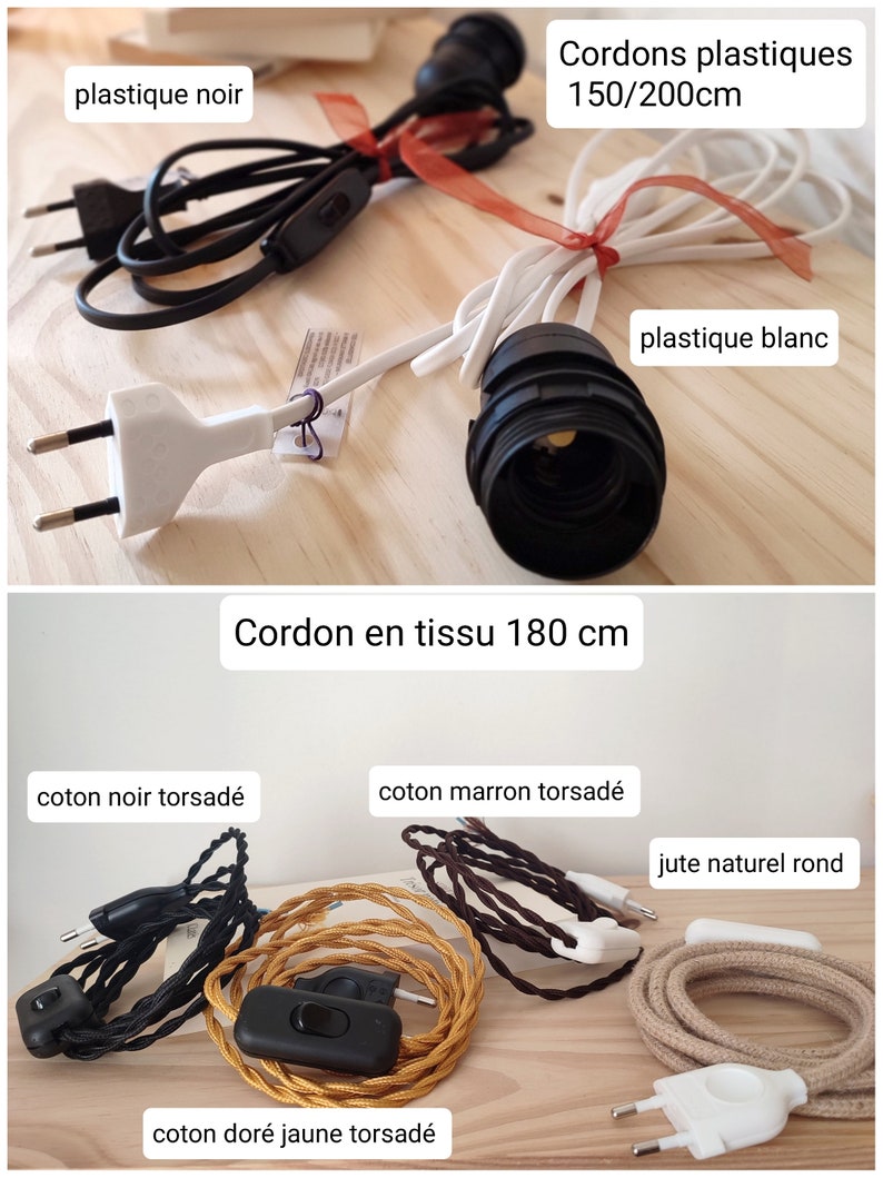 May include: A collection of electrical lamp cords featuring black and white plastic options measuring 150 to 200 cm, and fabric-covered cords in black, brown, gold, and natural jute measuring 180 cm, each equipped with a plug and a switch.
