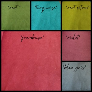 May include: A collage of six textured material swatches in various colors, each labeled with text: vert, turquoise, vert citron, framboise, violet, and bleu gris. The swatches display shades of green, blue, yellow-green, red, purple, and gray.