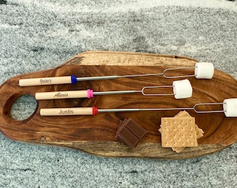 Marshmallow Roasting Sticks, Wooden Handle, S'mores Skewers Telescoping Forks 32" or Hot Dog, Campfire, Camping, BBQ Tools, S'mores Forks,