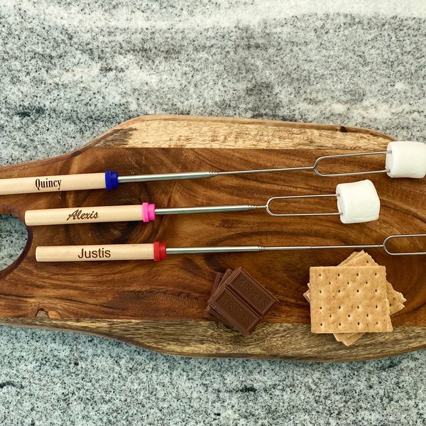 Marshmallow Roasting Sticks, Wooden Handle, S'mores Skewers Telescoping Forks 32" or Hot Dog, Campfire, Camping, BBQ Tools, S'mores Forks,