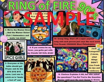 Juego de beber ¡Reglas del juego de fiesta temático de los 90! ¡Anillo de Fuego para Adultos! collage de arte