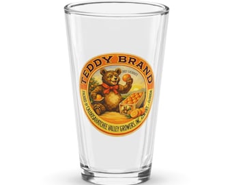 Vintage Teddy Brand Bear Glass Tumbler, 16 oz Shaker, Retro Florida Citrus Label