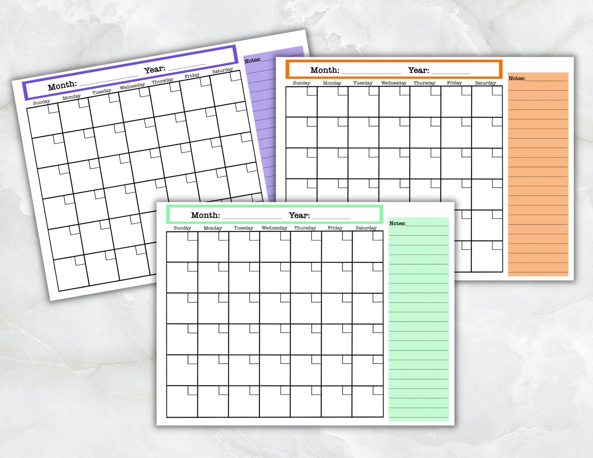 Printable Calendar, Colorful Printable Calendar, Horizontal Blank ...