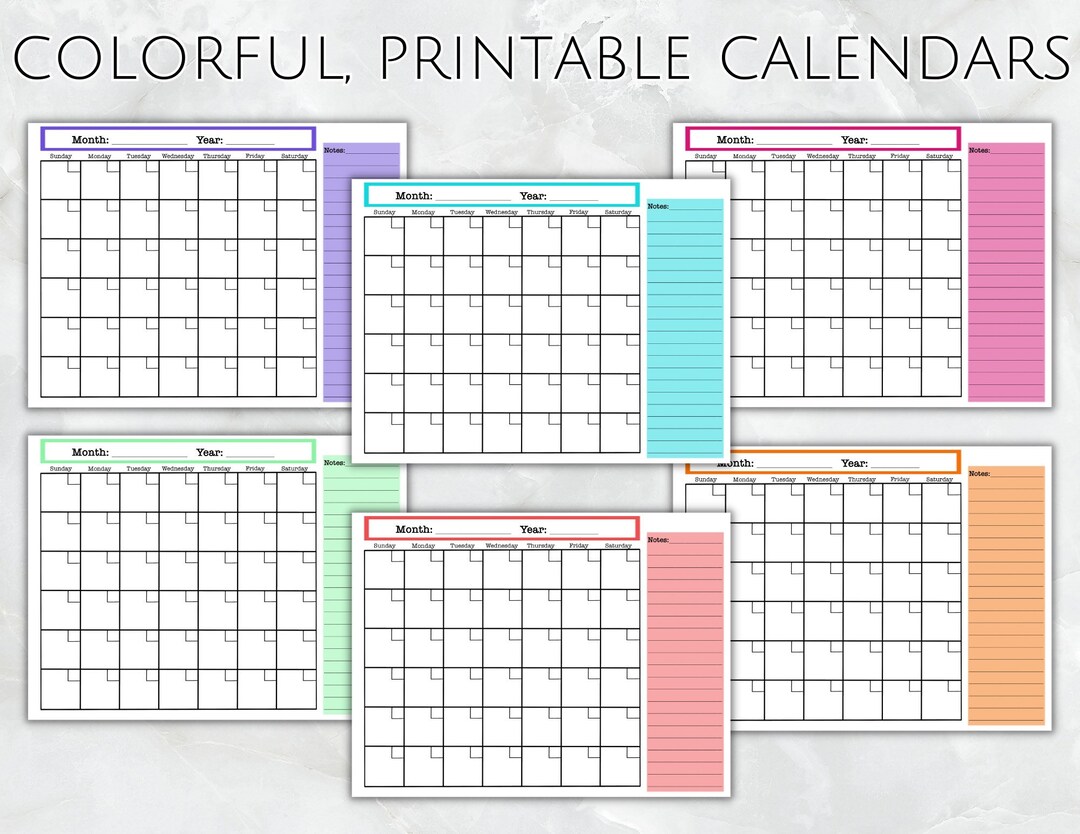 Printable Calendar, Colorful Printable Calendar, Horizontal Blank ...