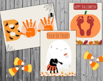 May include: Three printable Halloween cards featuring handprint and footprint crafts. The first card says "BOO" with bats and orange handprints. The second card says "Trick or Treat!" with a ghost and a spider. The third card says "Happy Halloween!" with a pumpkin and footprints.