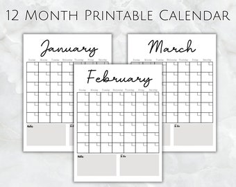 May include: Printable calendar with blank spaces for each day of the month. The months of January, February, and March are shown. Each month has a section for notes and to-do items.