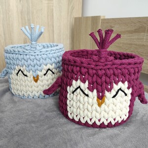 Może przedstawiać: Dwa ręcznie robione kosze do przechowywania w kształcie sowy. Jeden jest jasnoniebieski, drugi głęboko magenta. Oba mają białe i żółte twarze sów, czarne oczy i małe uchwyty w kształcie skrzydeł. Kosze wykonane są z grubej, teksturowanej przędzy.