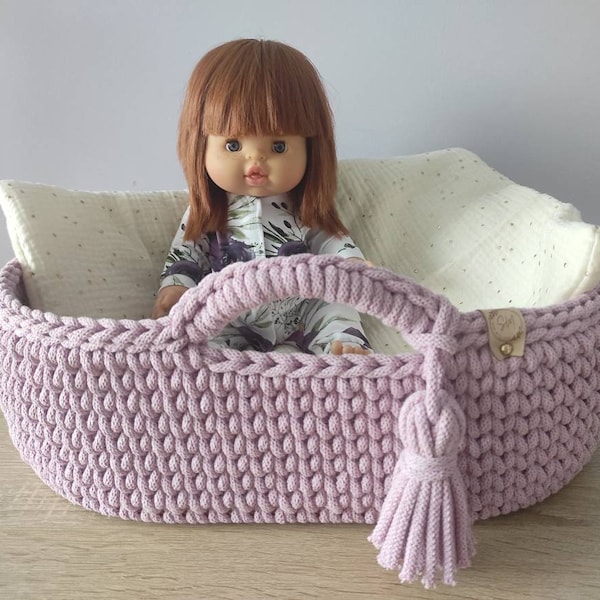 Doll Moses Basket, Minikane Bed, Bassinet for doll, Cradle with bedding, pretend play montessori toy, crochet cradle purse,gift for daughter