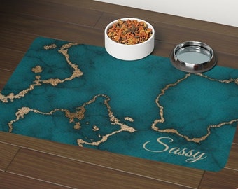 Personalized Pet Food Mat | turquoise & gold marble dog food mat | customized pet food bowl mat | monogrammed pet placemat | cat food mat