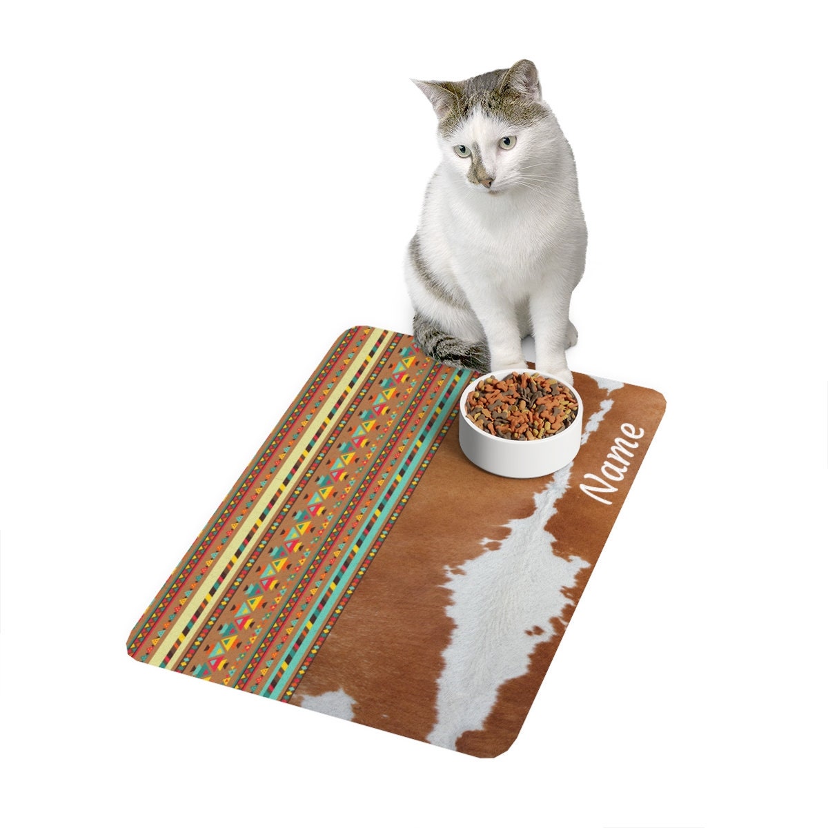 Personalized Faux Cowhide Pet Food Mat 12x18 Boho Western Etsy