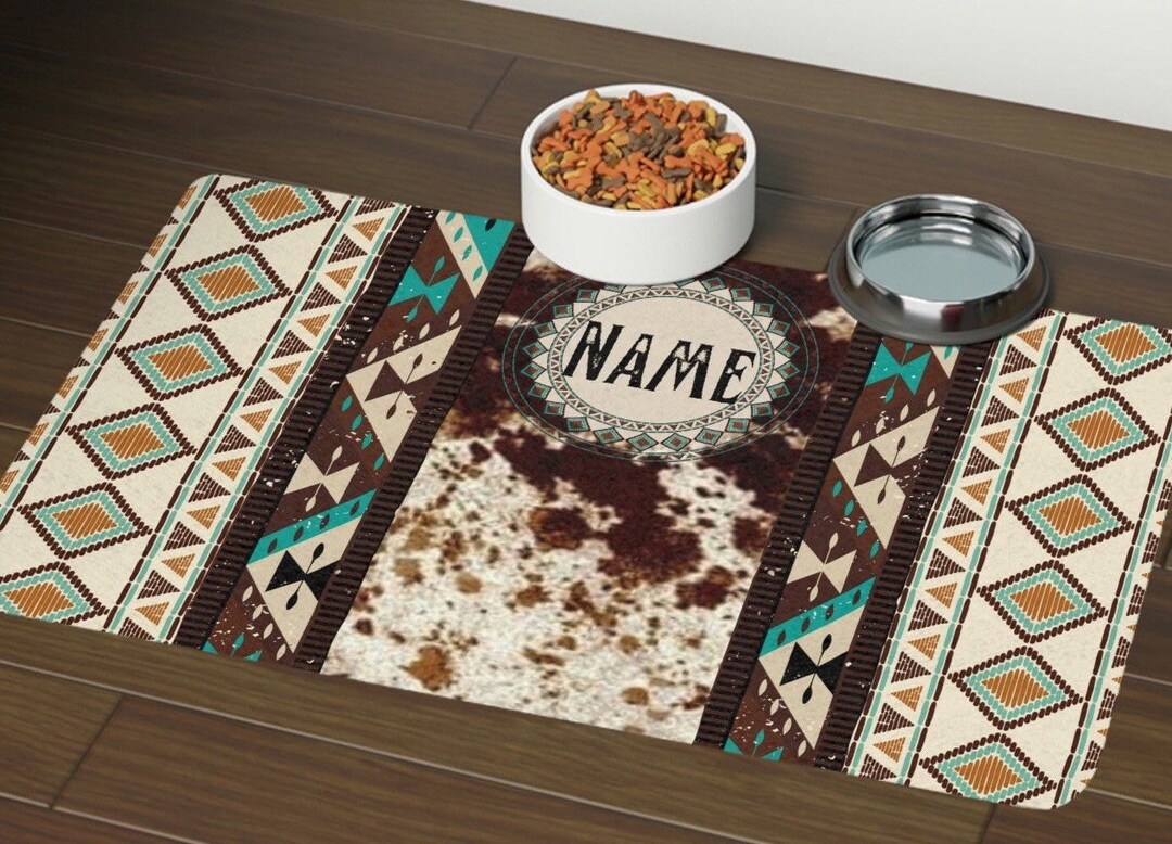 Personalized Western Style Pet Food Mat Cowhide Dog Food Bowl Mat