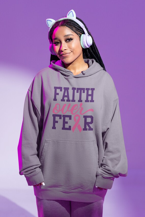 Breast Cancer Faith Over Fear Hoodie, Unisex Pullover, Inspirational Awareness Sweatshirt