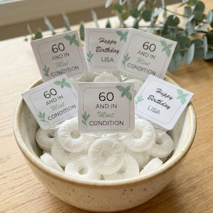 60th Birthday Favors Personalized Mints, 60 and in Mint Condition Funny Party Favors for Guests, Fully Assembled Edible Table Decors