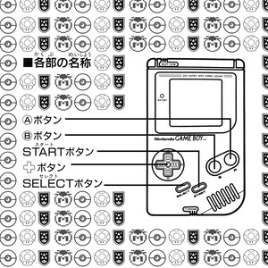 May include: A black and white illustration of a Game Boy with a diagram showing the location of the buttons and controls. The text on the image reads "DOT MATRIX WITH STEREO SOUND", "Nintendo GAME BOY", "OFF-ON", "BATTERY", "SELECT", "START", "PHONE", "A button", "B button", "START button", "SELECT button", and "各部の名称".