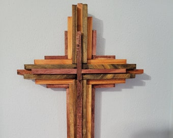 15" wooden 3D rustic religious wall décor cross, made from reclaimed pallets, stained walnut, red oak and Sedona red then clear coated.