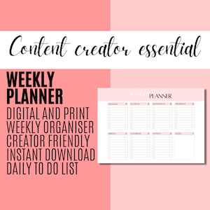 Puede incluir: Un planificador semanal rosa y blanco con el texto "weekly planner" en la parte superior. El planificador está dividido en siete días de la semana, con espacio para notas. El texto "Content creator essential" está en la parte superior de la imagen.