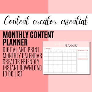 Puede incluir: Un planificador de contenido mensual imprimible con un esquema de color rosa y blanco. El planificador incluye un calendario, una lista de tareas pendientes y una sección de notas. El texto "Content Planner" está en la parte superior de la página.