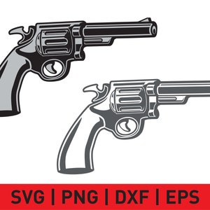 May include: A black and white illustration of two revolvers. The revolvers are drawn in a simple, stylized manner.