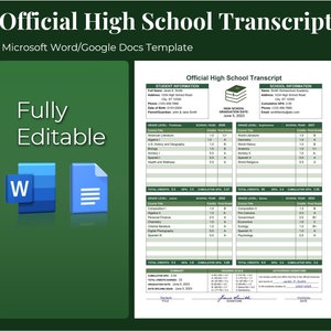 Editable Homeschool Transcript, Fillable and Printable High School Transcript Template, Green Microsoft Word Template, See How to Examples