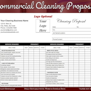 Commercial Cleaning Proposal, Cleaning Checklist, Cleaning Service Proposal, Cleaning contract WORD Estimate, Editable WORD or Google Docs