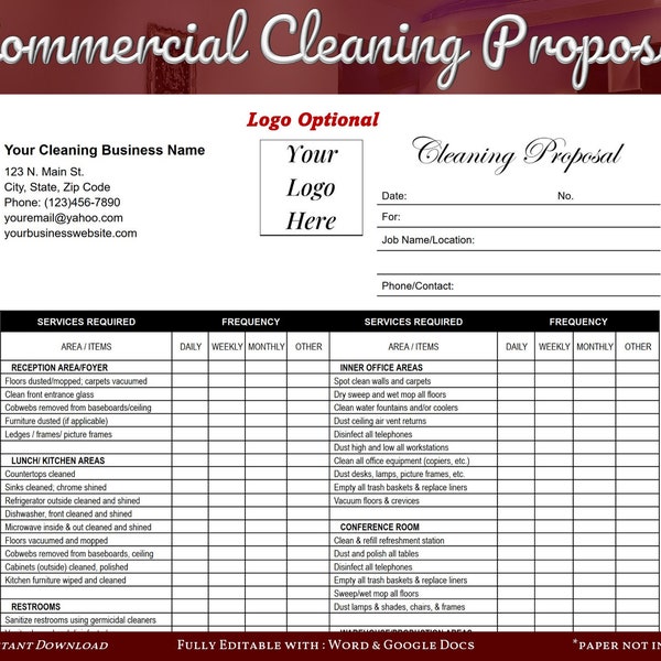 Commercial Cleaning Proposal, Cleaning Checklist, Cleaning Service Proposal, Cleaning contract WORD Estimate, Editable WORD or Google Docs