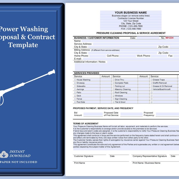 Pressure Washing Proposal & Service Agreement, Power Washing Contract Agreement, Proposal or Estimate Template, Pressure Washing Service