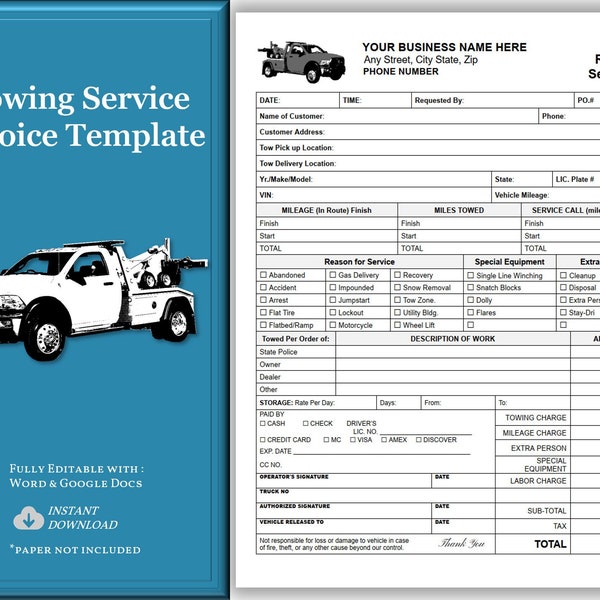 Towing Invoice, Tow Truck Service Invoice, Wrecker Service Invoice, Road Service Invoice, Printable Editable Fillable Word Template