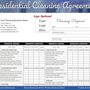 Cleaning Proposal Agreement Checklist for Residential Cleaning Business, Cleaning Estimate, Service Agreement, Editable WORD or Google Docs