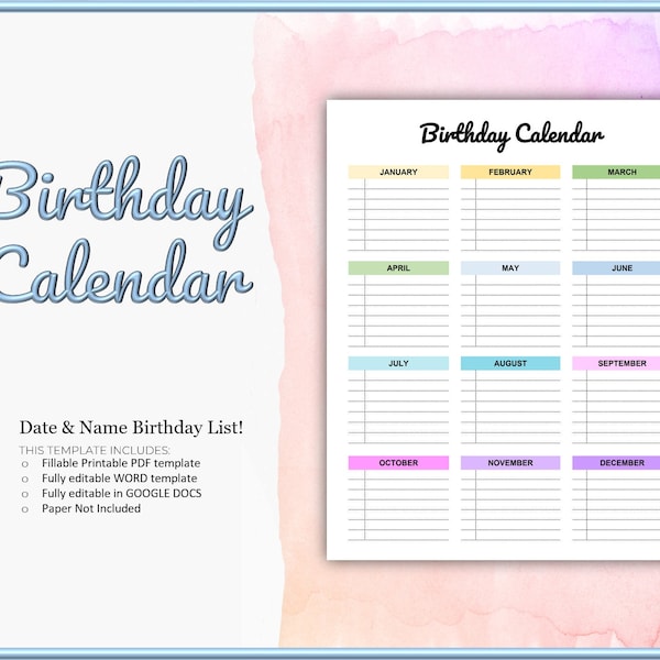Birthday Calendar Template, Birthday Tracker List, Editable Printable PDF & Word Template, Birthday Reminder, Dates Planner Insert organizer