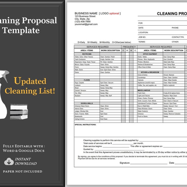 Cleaning Proposal Template, Cleaning Checklist, Cleaning Contract, Cleaning Service Estimate Template, Easy to edit with WORD or Google Docs