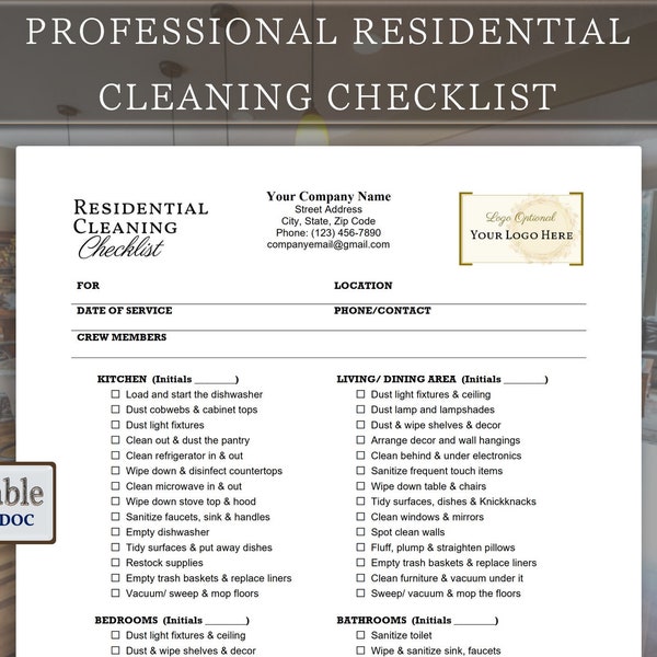 Professional Residential Cleaning Checklist for Cleaning Service, House Cleaning Check list with Logo Branding, Editable WORD & Google Docs