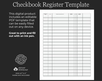 Printable Checkbook Register Template, Check Register Printable, Finance Tracker, Financial Planner Insert, Bank Transaction Tracker