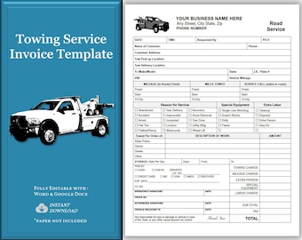 Towing Invoice, Tow Truck Service Invoice, Wrecker Service Invoice, Road Service Invoice, Printable Editable Fillable Word Template