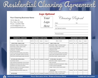 Cleaning Proposal Agreement Checklist for Residential Cleaning Business, Cleaning Estimate, Service Agreement, Editable WORD or Google Docs