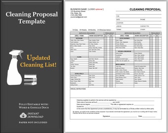 Cleaning Proposal Template, Cleaning Checklist, Cleaning Contract, Cleaning Service Estimate Template, Easy to edit with WORD or Google Docs