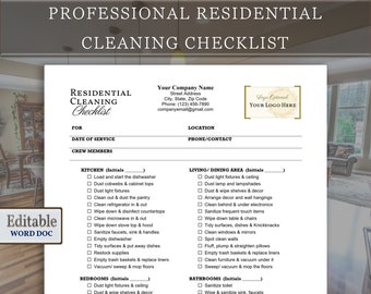 Professional Residential Cleaning Checklist for Cleaning Service, House Cleaning Check list with Logo Branding, Editable WORD & Google Docs