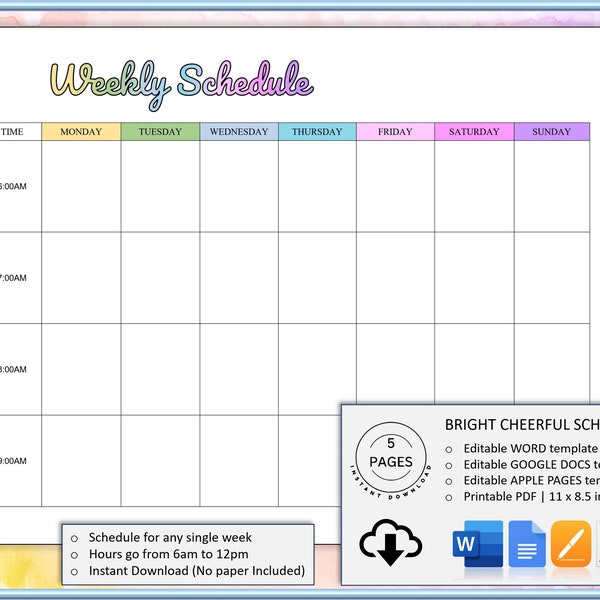 EDITABLE Weekly Schedule Template, WORD, Google Docs, Apple Pages & Printable with room to write, Weekly Planner, Weekly Timetable Agenda