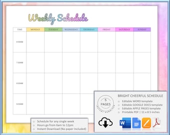 May include: A printable weekly schedule template in five different formats: Word, Google Docs, Apple Pages, and PDF. The template is designed for a single week and includes hours from 6 AM to 12 PM. The template is available for instant download and does not include paper.
